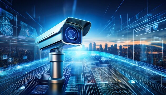digital security in high definition a sleek security camera poised for vigilance is juxtaposed with holographic data representations it embodies the intersection of security technology - Powered by Adobe