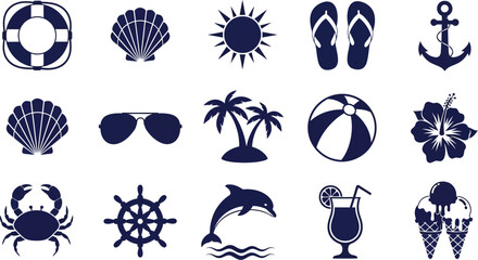 Summer vacation icons featuring beach, sea, and holiday related designs