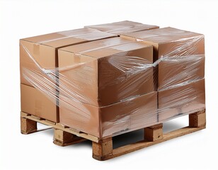 shrink wrapped pallet of cardboard boxes isolated on transparent or white background