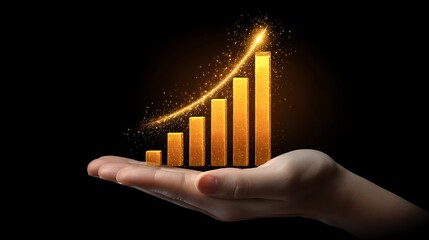 Golden growth chart held in hand with sparkles and upward trend