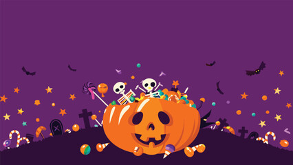 Halloween scene with pumpkin filled with candy skeletons and bats against a purple background