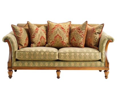 Photo of ornate green sofa with patterned pillows isolated on transparent background - Powered by Adobe