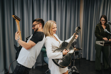 A dynamic scene of friends collaborating on various musical instruments during a studio rehearsal.
