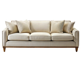 Photo of contemporary beige sofa with striped pillows and wooden legs isolated on transparent background