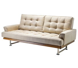 Photo of modern beige sofa with wood and metal frame isolated on transparent background