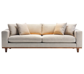 Photo of modern three seat sofa with neutral cushions isolated on transparent background