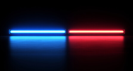 Red and blue neon tubes are glowing above a reflective surface, creating a vibrant contrast in a dark environment