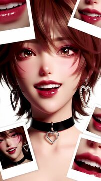 Anime Style Portrait of a Young Woman with Choker Heart Earrings and Red Lips Surrounded by Polaroid Close Ups