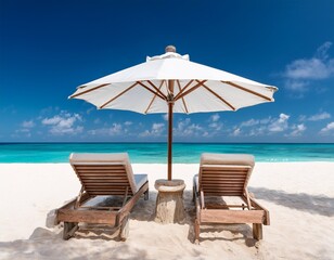Fototapeta premium beach scene white umbrella wooden loungers turquoise ocean