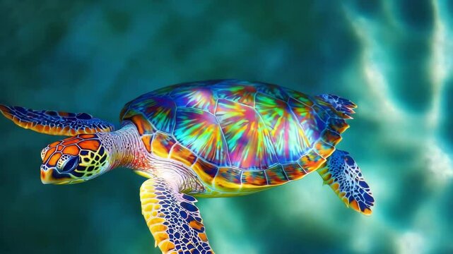 Vibrant sea turtle swimming in turquoise water iridescent shell detailed flippers