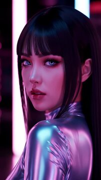 Anime Style Portrait of Woman with Black Hair and Blue Eyes in Silver Outfit with Neon Pink and Blue Background