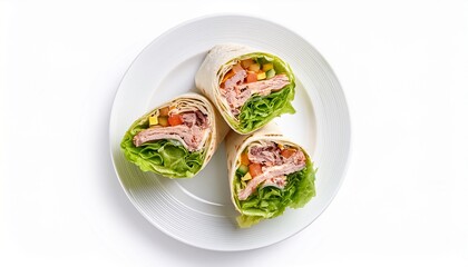 tuna salad wrap on a white plate isolated top view food photography on a white background