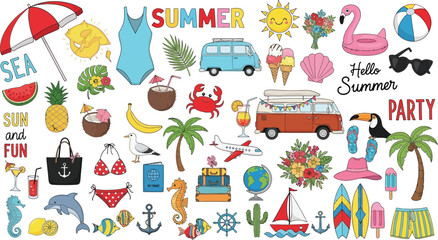 Summer beach party collection with travel and holiday vacation elements