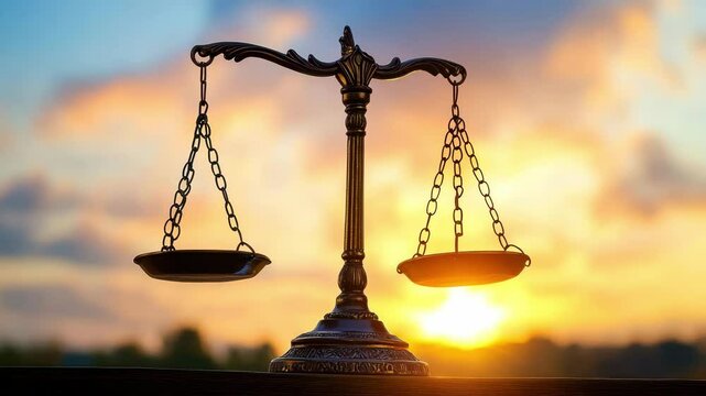 Ornate scales of justice are silhouetted against a colorful sky at sunset featuring balanced pans hanging from chains