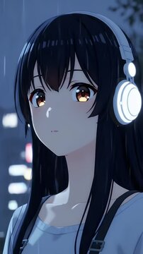Anime Style Portrait of Young Woman with Headphones in Rainy Night Street Scene