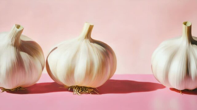 Two bulbs of garlic sit on a light pink surface against a pink backdrop casting subtle shadows beneath them