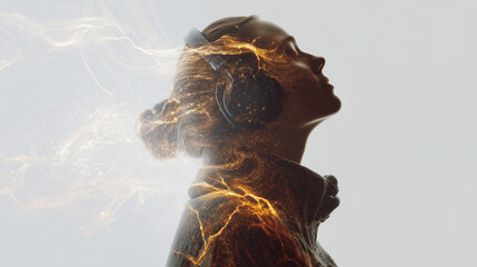 Mental health meditation concept with woman silhouette and golden light streams. Mindfulness wellness therapy visualization showing inner peace and spiritual healing energy flow.