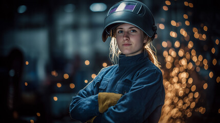Female welder in protective helmet with sparks flying in industrial workshop. Professional metalworking craftswoman in safety gear during steel fabrication process with bright welding lights.