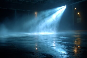 Mysterious blue light beam illuminating a foggy industrial space at night