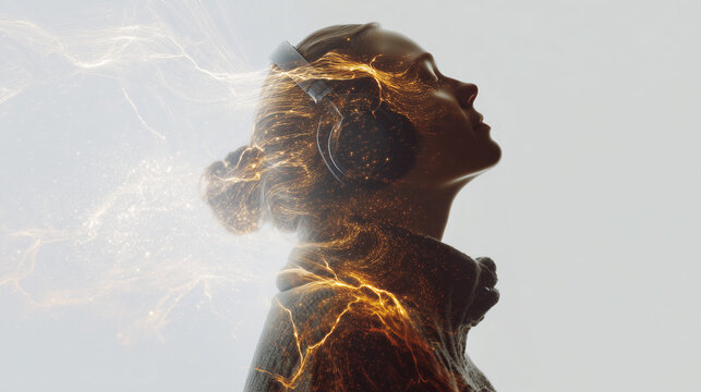 Mental health meditation concept with woman silhouette and golden light streams. Mindfulness wellness therapy visualization showing inner peace and spiritual healing energy flow. - Powered by Adobe