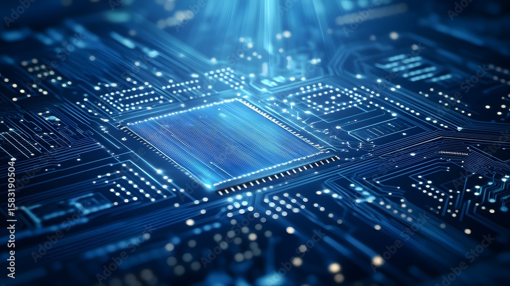 Poster close-up view of a complex circuit board with a central processor.