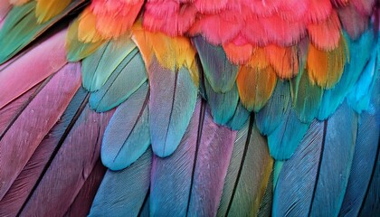 Obraz premium close up view of a vibrant colorful wing feathers in a spectrum of pastel hues from teal to pink orange and purple are densely clustered