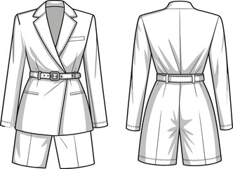 Front and back view blazer, women's fashion sketch, belted design, flat vector CAD drawing, technical illustration for apparel production