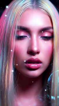 Anime Style Portrait of Young Woman with Rainbow Highlighted Blonde Hair Digital Glitter Accents in Soft Pink and Blue Background