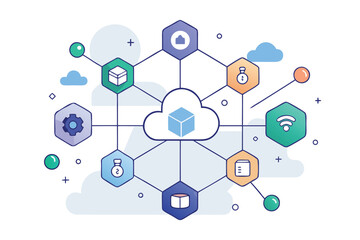 Cloud computing data network illustrative concept depicting information storage and wireless connectivity