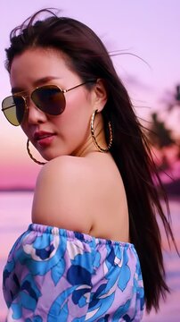 Anime Style Portrait of Young Woman with Sunglasses and Floral Top at Sunset Beach