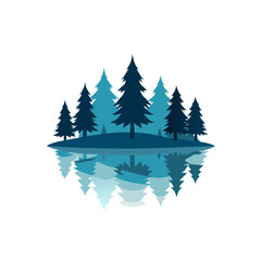 realistic pine forest reflecting in frozen lake 