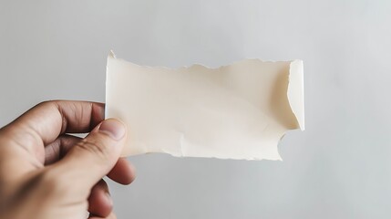 Close up of a hand holding a torn piece of blank paper against a light background