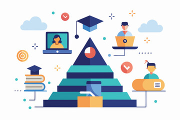 Colorful educational pyramid illustration depicting online learning and academic progression