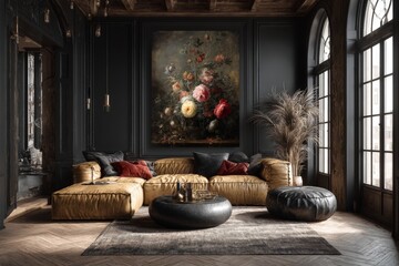 Elegant living room design features a luxurious sofa with floral artwork in a cozy ambiance