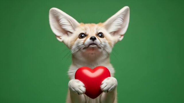Cute Fennec Fox Holding a Red Heart on Green Background
