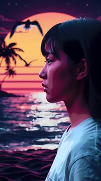 Anime Style Portrait of Young Woman with Sunset Ocean View and Tropical Beach Vibe