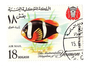 A vintage fish postage stamp from Yemen isolated on a white background.