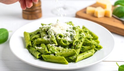 Pasta dish topped with pesto and cheese
