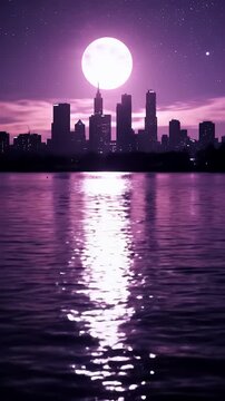 Anime Style Purple Cityscape Silhouette at Night with Moon Reflected in River with Starry Sky