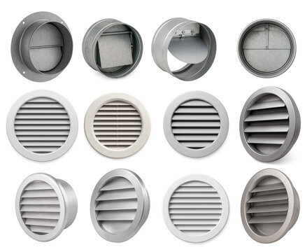 Set of isolated circular air vent caps in metal and plastic; each ventilation set includes backdraft dampers and louvered covers for HVAC duct termination or exterior wall use