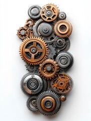vertical steampunk sculpture of metal gears and machine parts. mechanical artwork isolated on white