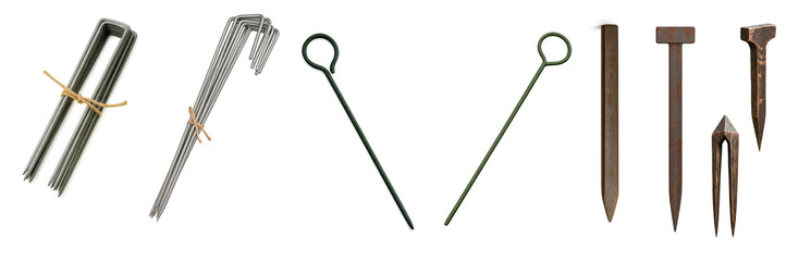 Set of garden stakes including U-shaped pins, loop stakes, and heavy-duty pegs made of metal and wood, ideal for securing landscape fabric, netting, tents, or edging outdoors