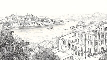 Pen and ink sketch of a cityscape with a river and buildings.