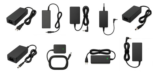 Collection of universal laptop power adapters with various plug types and voltage ratings; each laptop adapter includes cable for AC input and DC output for consistent charging performance