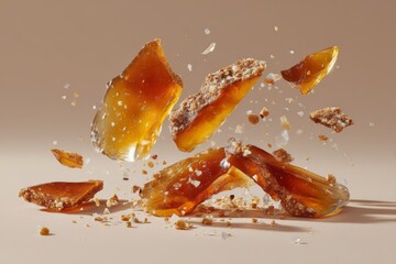Beautifully shattered amber-like candy pieces captured in mid-air highlighting their intricate texture and colors
