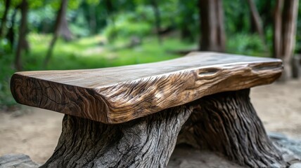 A rustic wooden bench sits on a natural base, surrounded by a lush green environment, ideal for relaxation and enjoying nature.