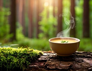 Creamy soup steaming in a forest