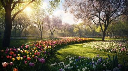 Spring park with vibrant tulips and trees. Sunlight streams through blossoming trees