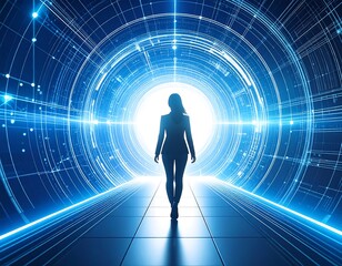 Woman walking into digital light tunnel