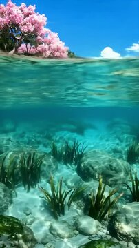 Anime Style Tropical Island and Underwater Split View with Turquoise Sea Pink Tree and Blue Sky